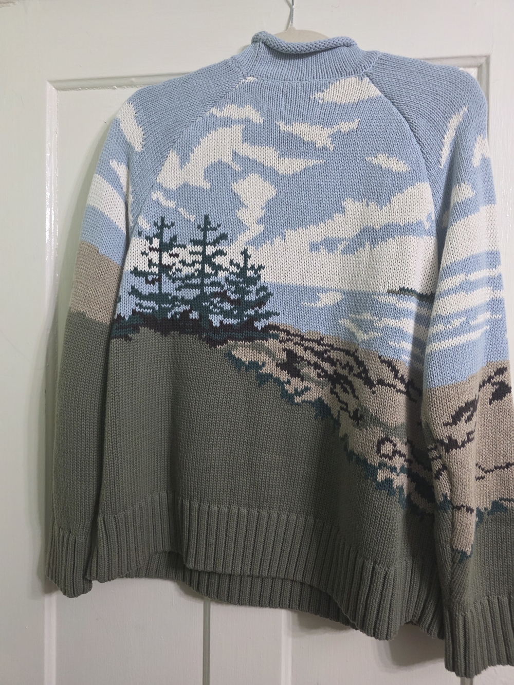 L.L. Bean Women's Turtleneck Sweater in Sky Blue & Olive with Scenic Intarsia - Picture 3 of 4
